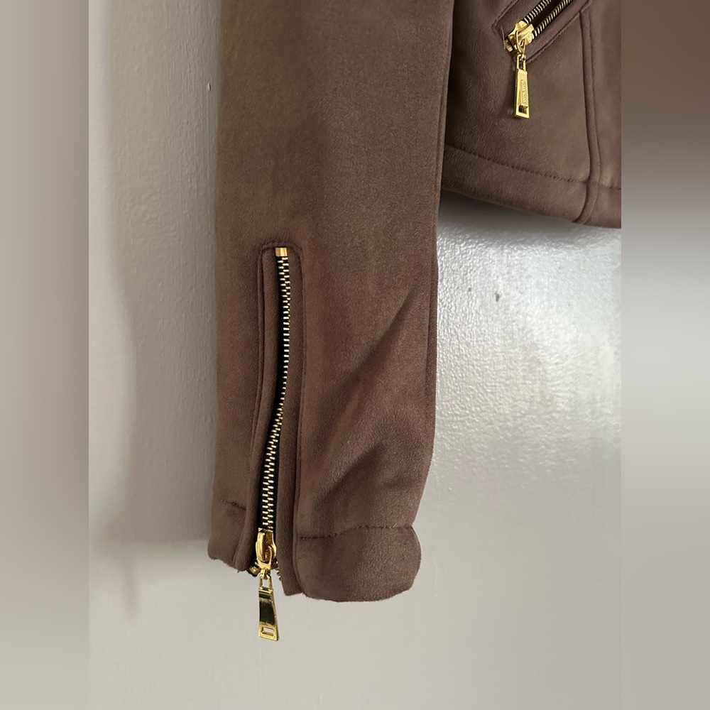 J2 by Jou Jou vegan leather moto biker jacket tan full zip women's size M - Picture 10 of 10